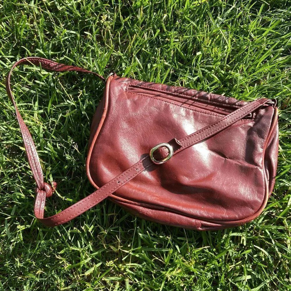 80s Burgundy Top Grain Leather Crossbody Bag with accent Piping